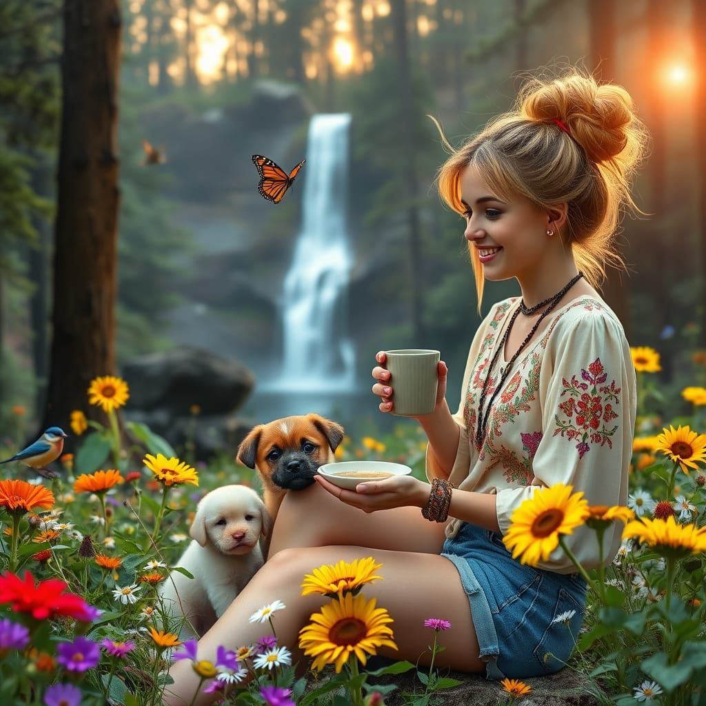 Hippie Woman's Joyful Forest Breakfast with Puppies
