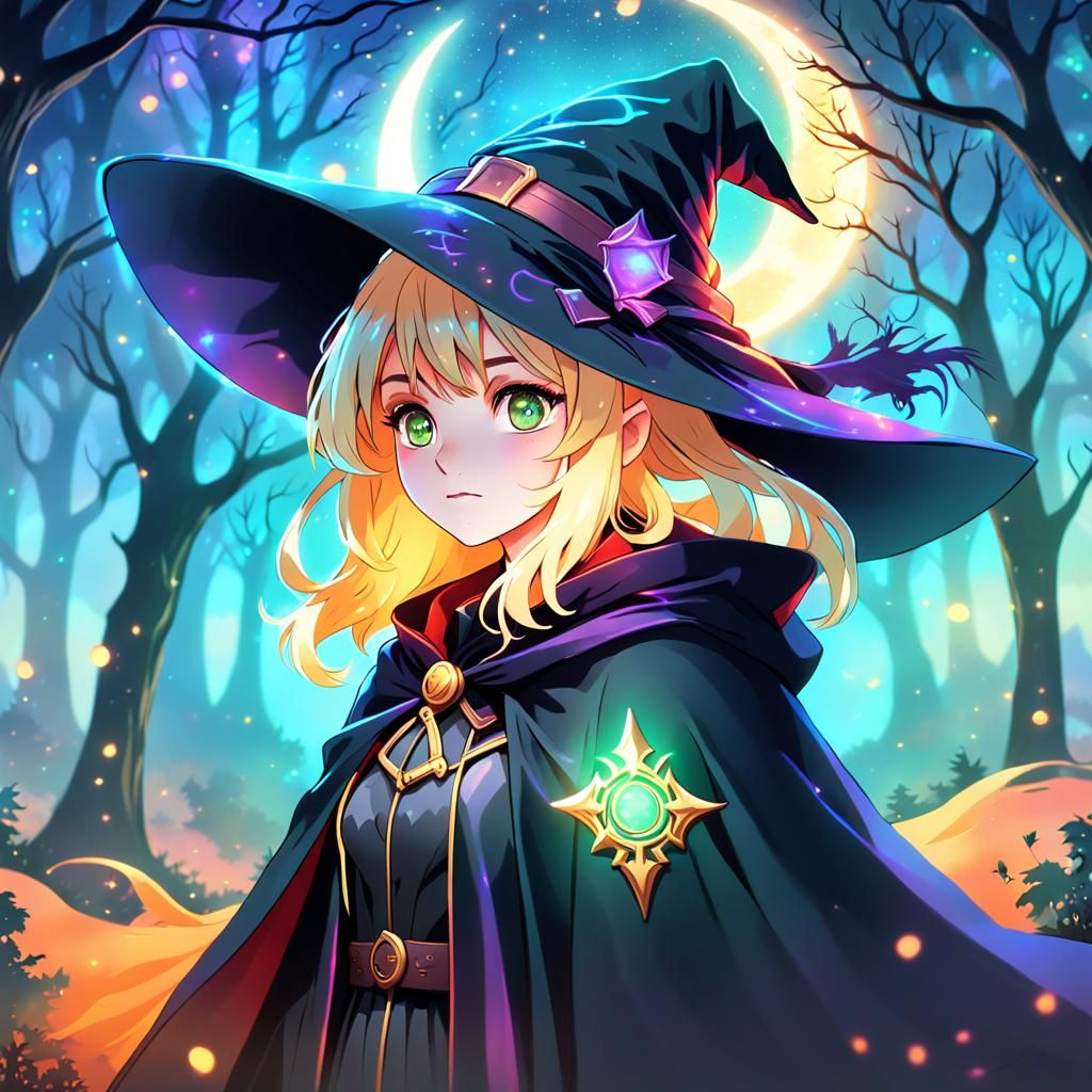 Anime Witch Portrait with Magical Forest Backdrop