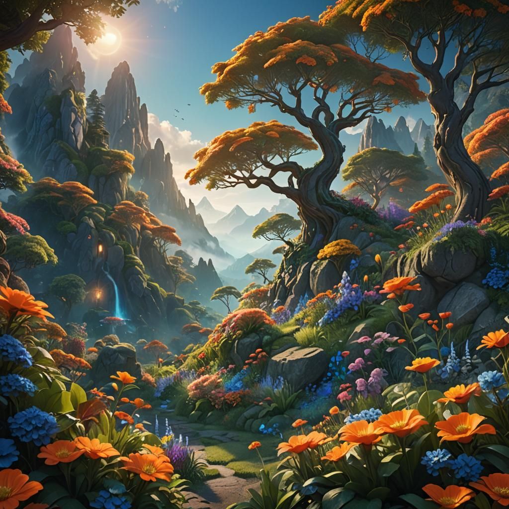 Lush Garden on Mystical Mountain in Matte Painting Style