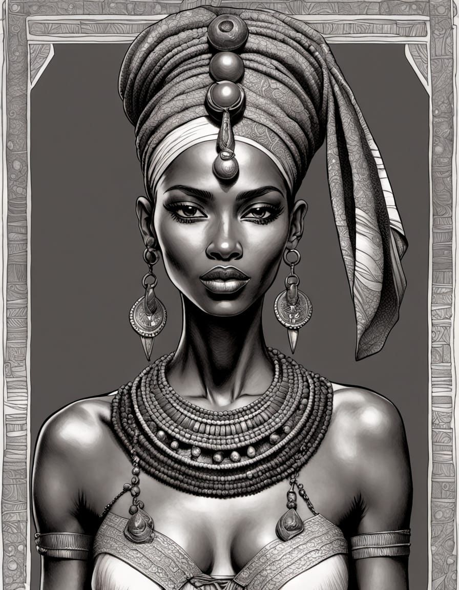 Ancient Nubian Queen in Ink Lines Crosshatching Style