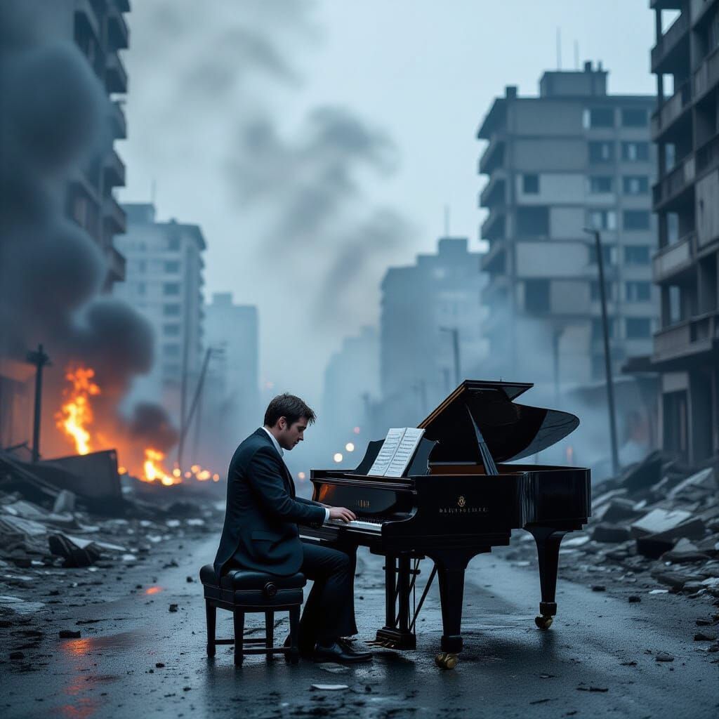 Man Plays Piano in War-Torn City