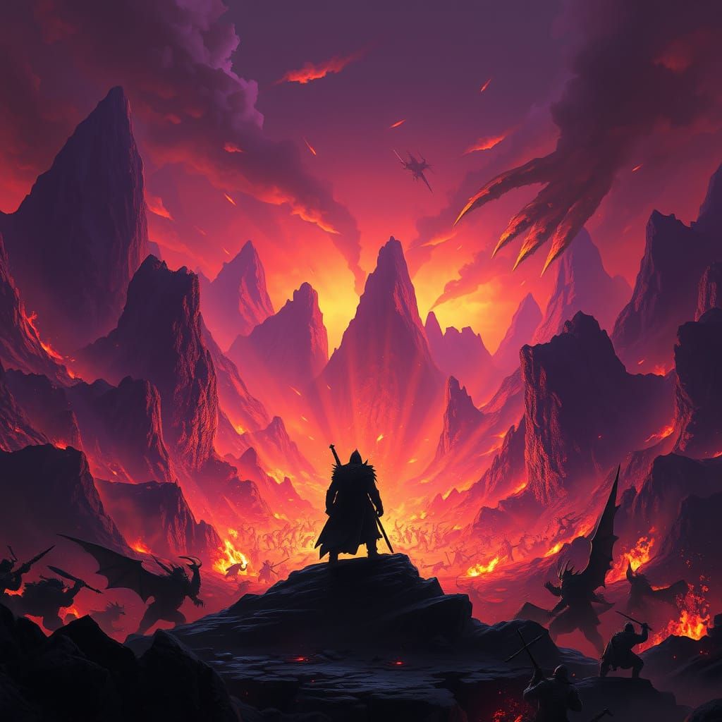 Dark Fantasy Warrior Stands Tall in Fiery, Hellish Landscape