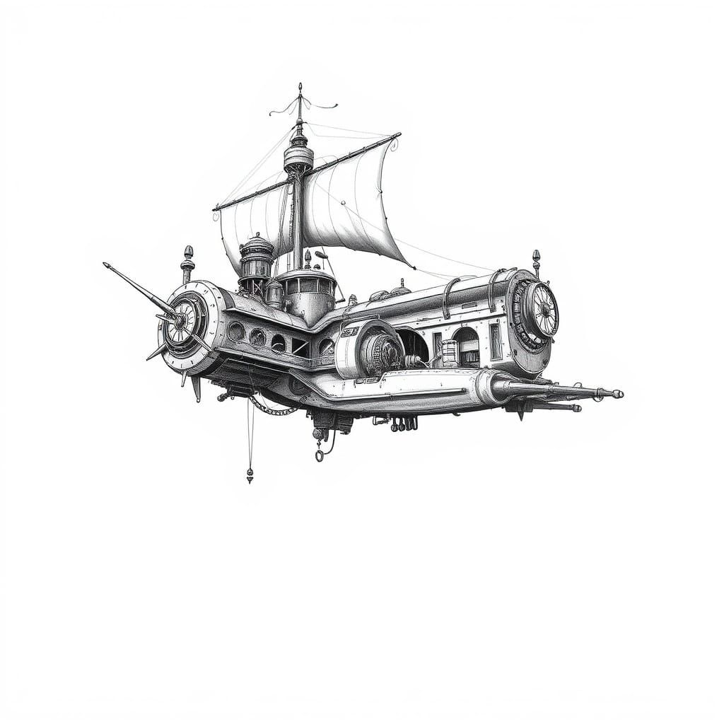 Da Vinci-Inspired Steam Punk Flying Ship in Black and White
