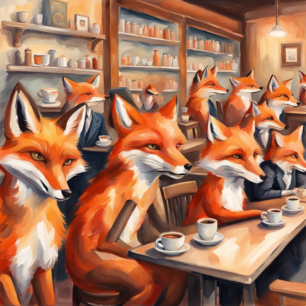 Foxes Queueing at Coffee Shop: Gouache Watercolor Style
