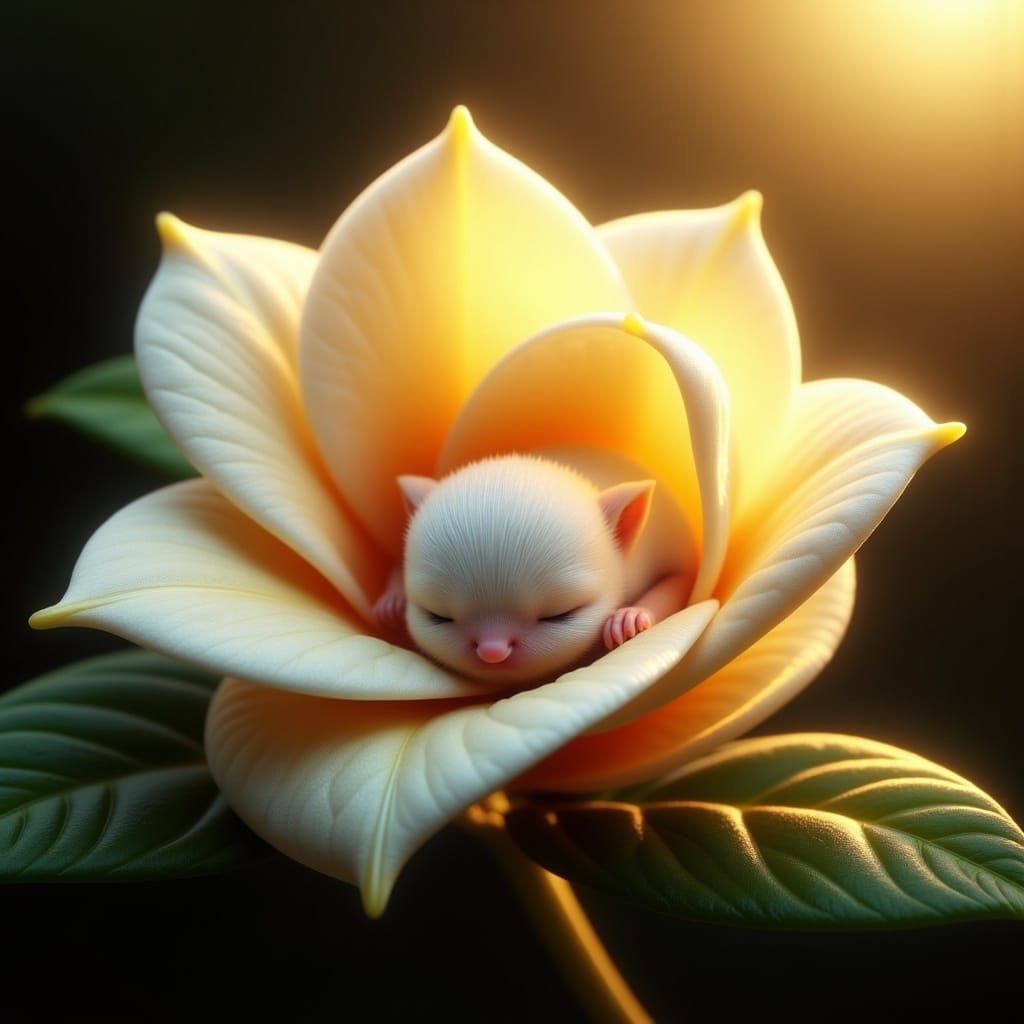 Gardenia Flower Cradles Sleeping Bird in Golden Light