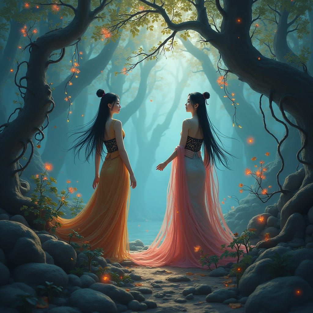 Mystical Asian Goddesses in Enchanted Forest