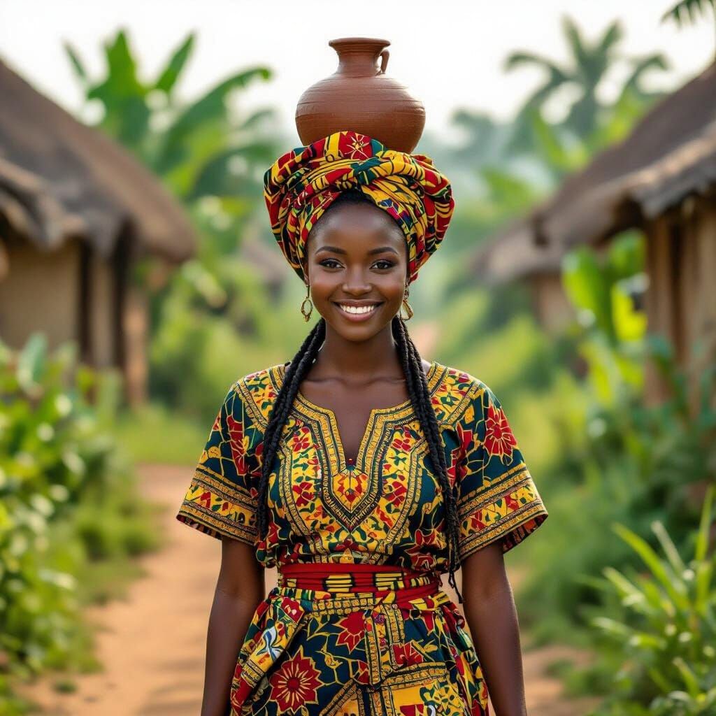 Yoruba Woman in Traditional Dress Walking a Village Path