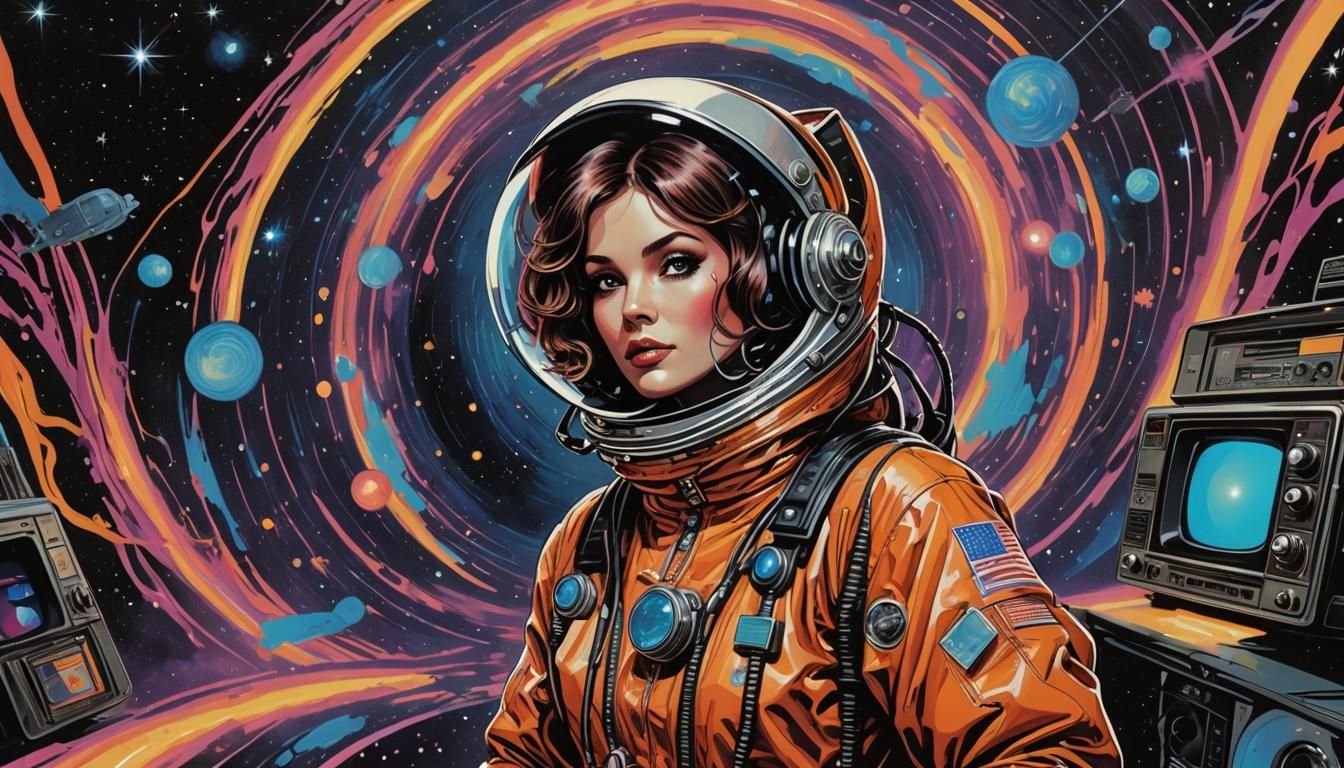 Glamorous Spacewoman with TV and Black Hole