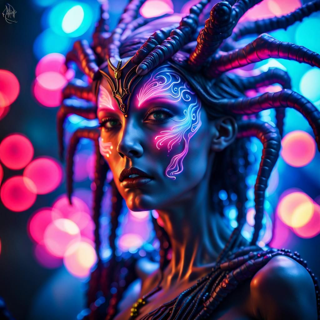 Ethereal Alien Woman in Black Forest, Digital Art