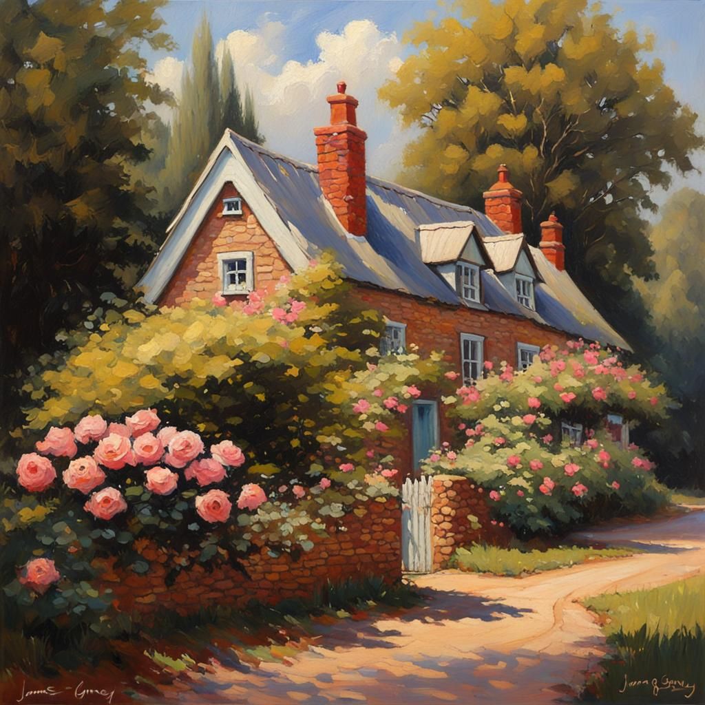 Charming Rose Cottage in Oil Painting Style
