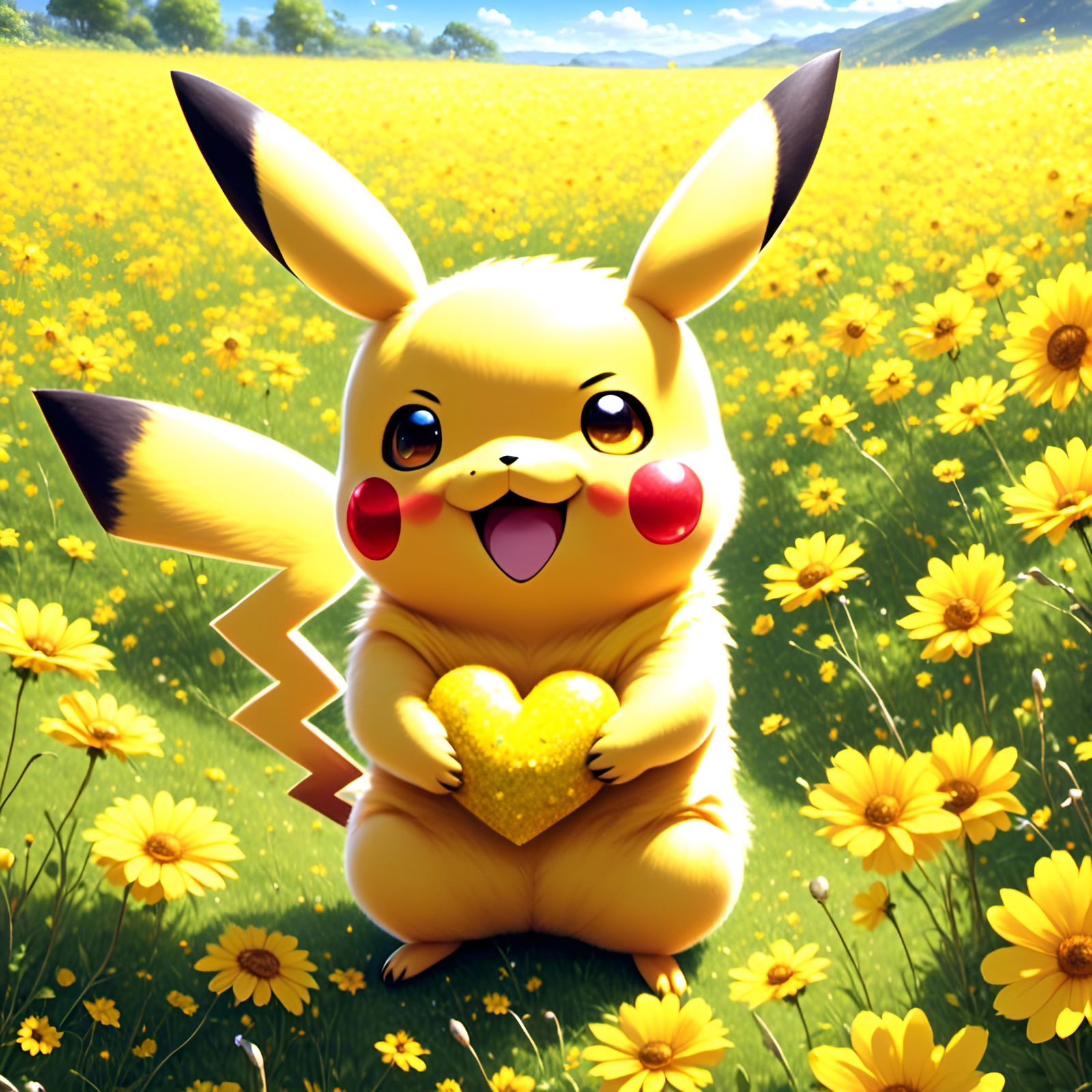 Happy Pikachu Portrait with Yellow Heart and Flowers