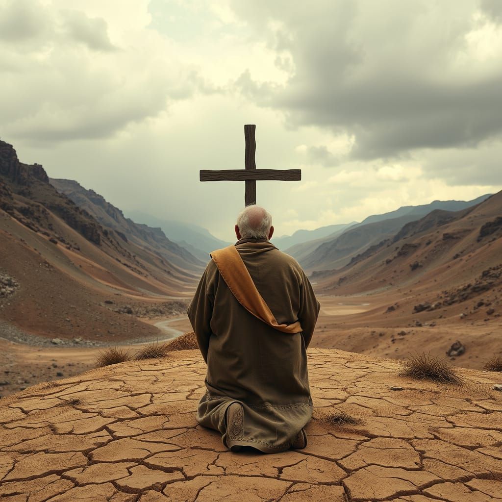 Elderly Man in Contemplation, Beside a Weathered Wooden Cros...