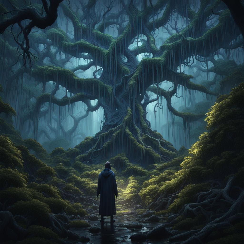 Dark Fantasy Forest: Figure in Stormy Landscape