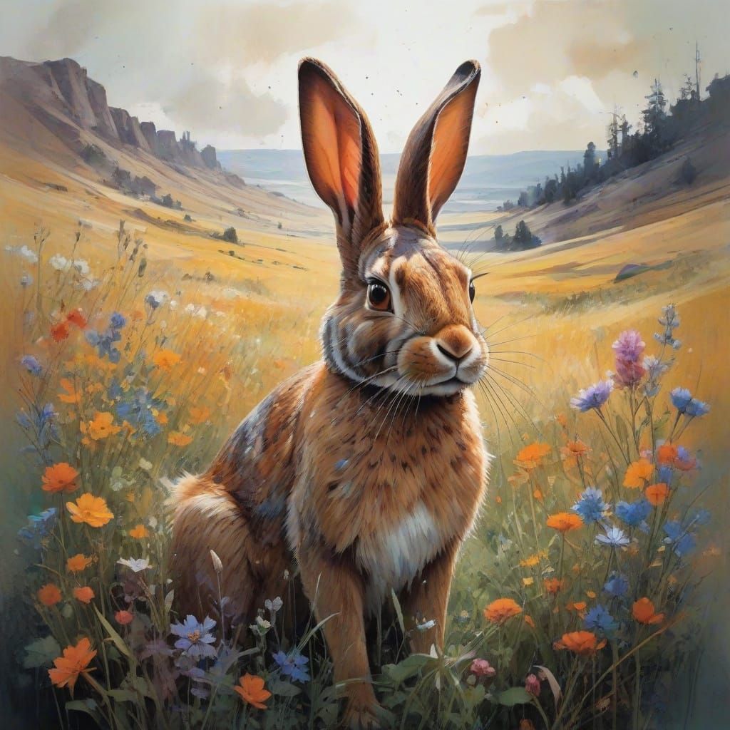 Expressive Rabbit in Whimsical Wildflower Landscape