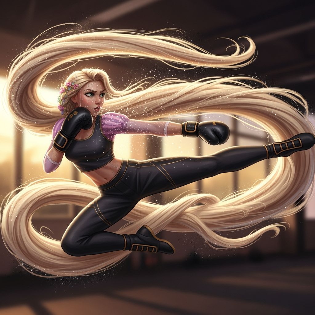 Rapunzel Kickboxing with Ethereal Hair in Dark Cartoon Style