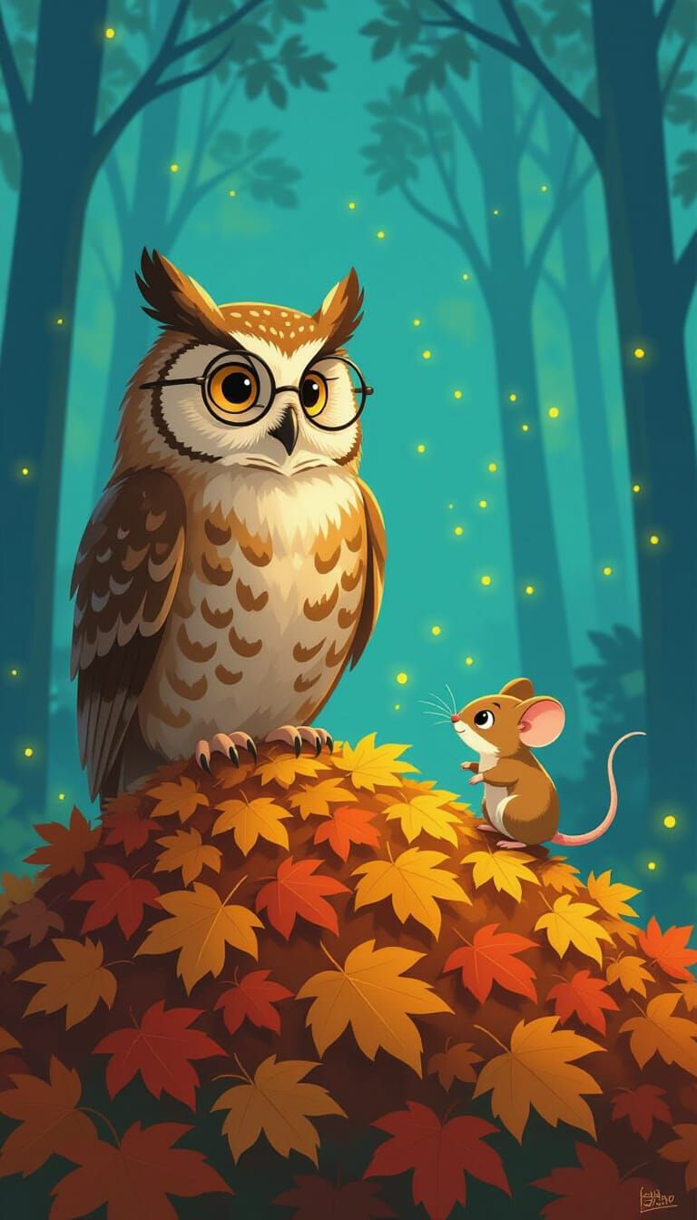 Wise Owl and Mouse in Enchanted Forest Twilight
