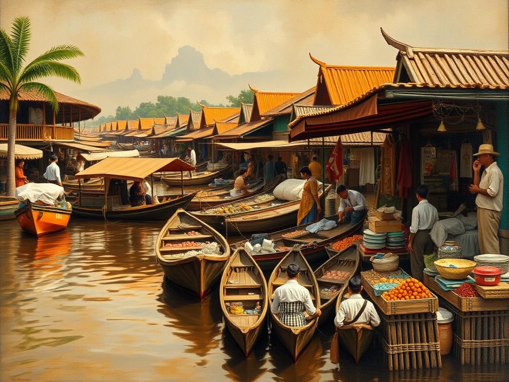 Thailand River Markets in Poured Paint Style