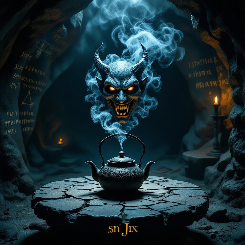 Demonic Smoke Teapot in Shadow-Drenched Cave
