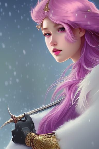 Icy Pink-Haired Queen with Sword, Art Nouveau Portrait