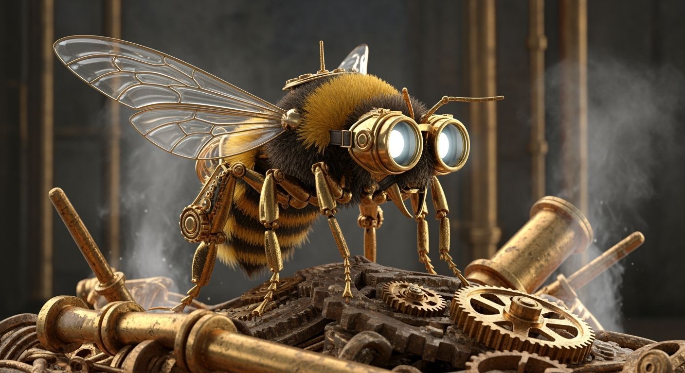 Steampunk Bumblebee with Goggles on Discarded Machinery