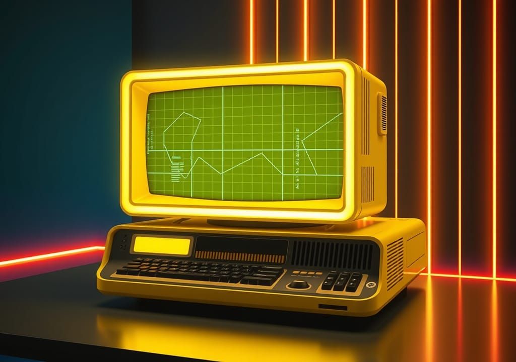Retrofuturistic Computer with Neon Grid Interface