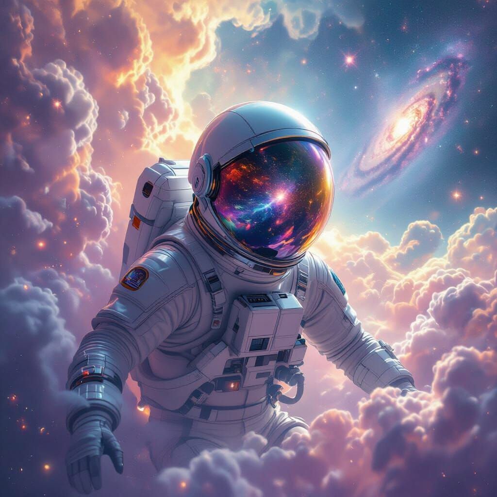 Astronaut Drifting in Iridescent Nebula with Reflected Galax...
