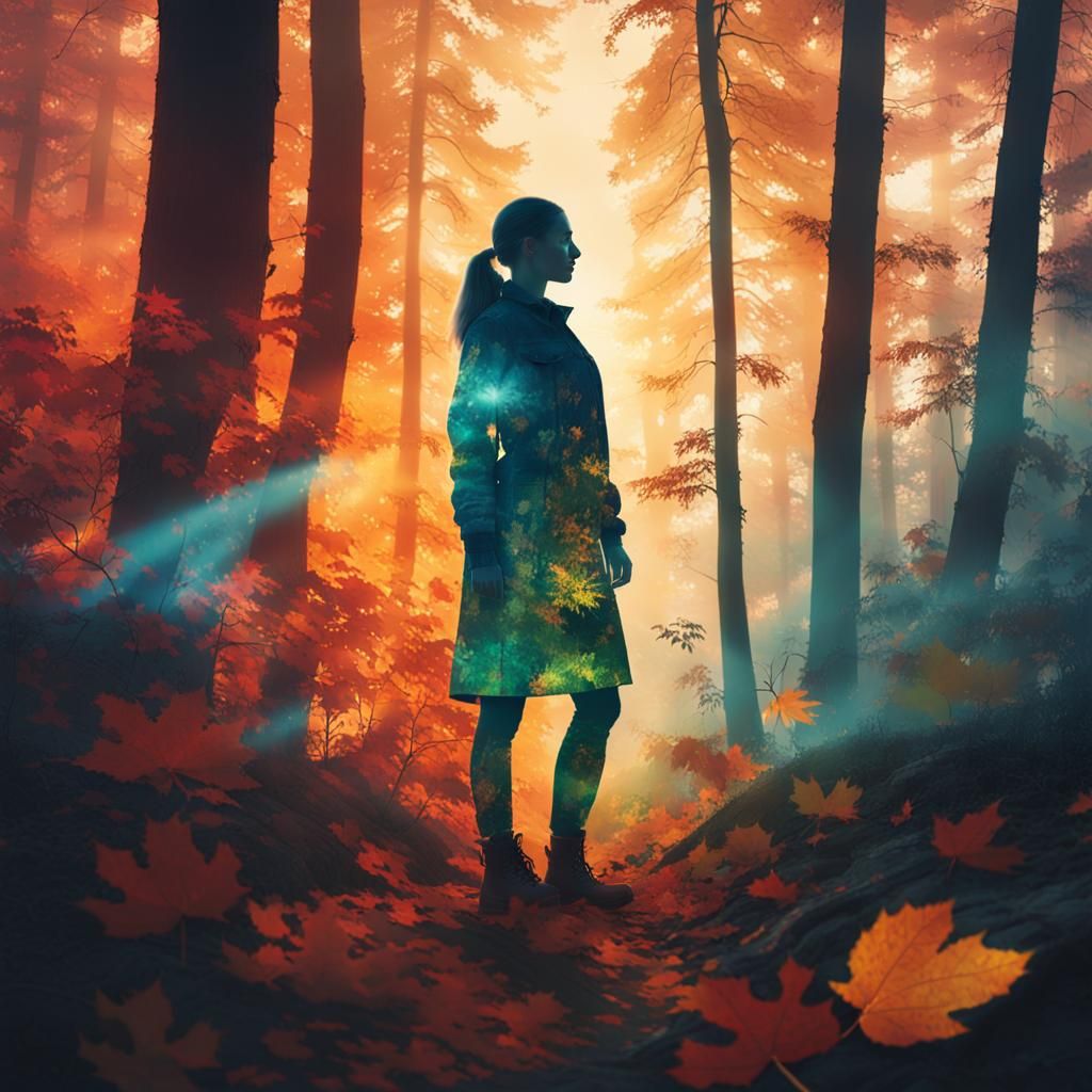 Silhouette Double Exposure: Autumn Forest Sunrise Portrait
