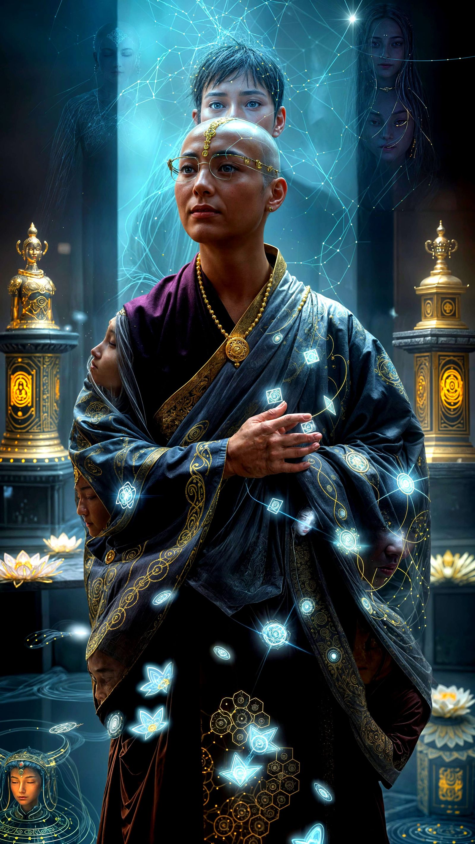 Cyberpunk Monk Gazing into the Infinite Multiverse