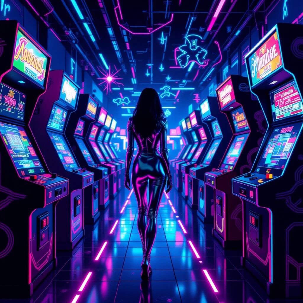 Neon Arcade Navigator in Vaporwave Cyberpunk Dreamscape