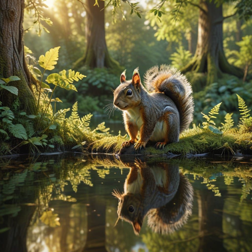 Squirrel Gazing at Reflection in Surreal Forest Lake