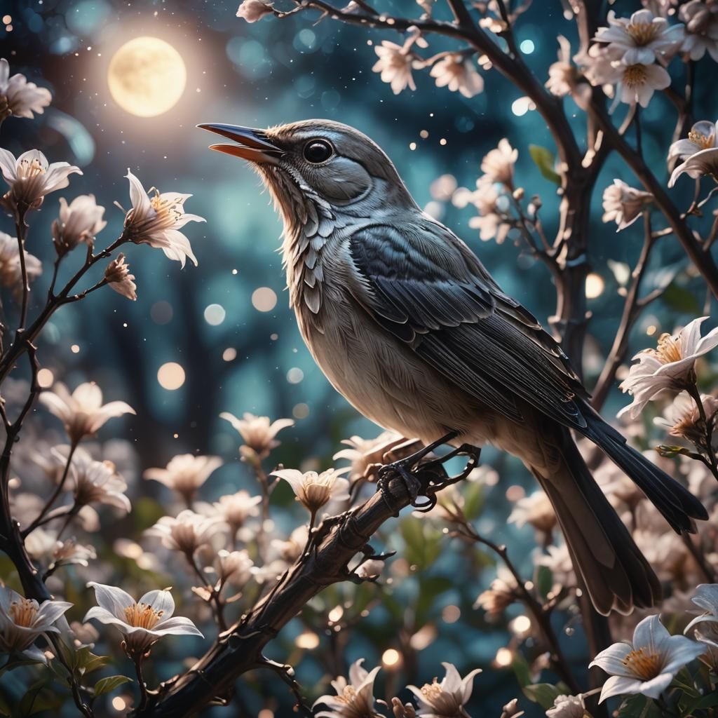 Bio-Luminescent Nightingale Sings in Moonlit Garden