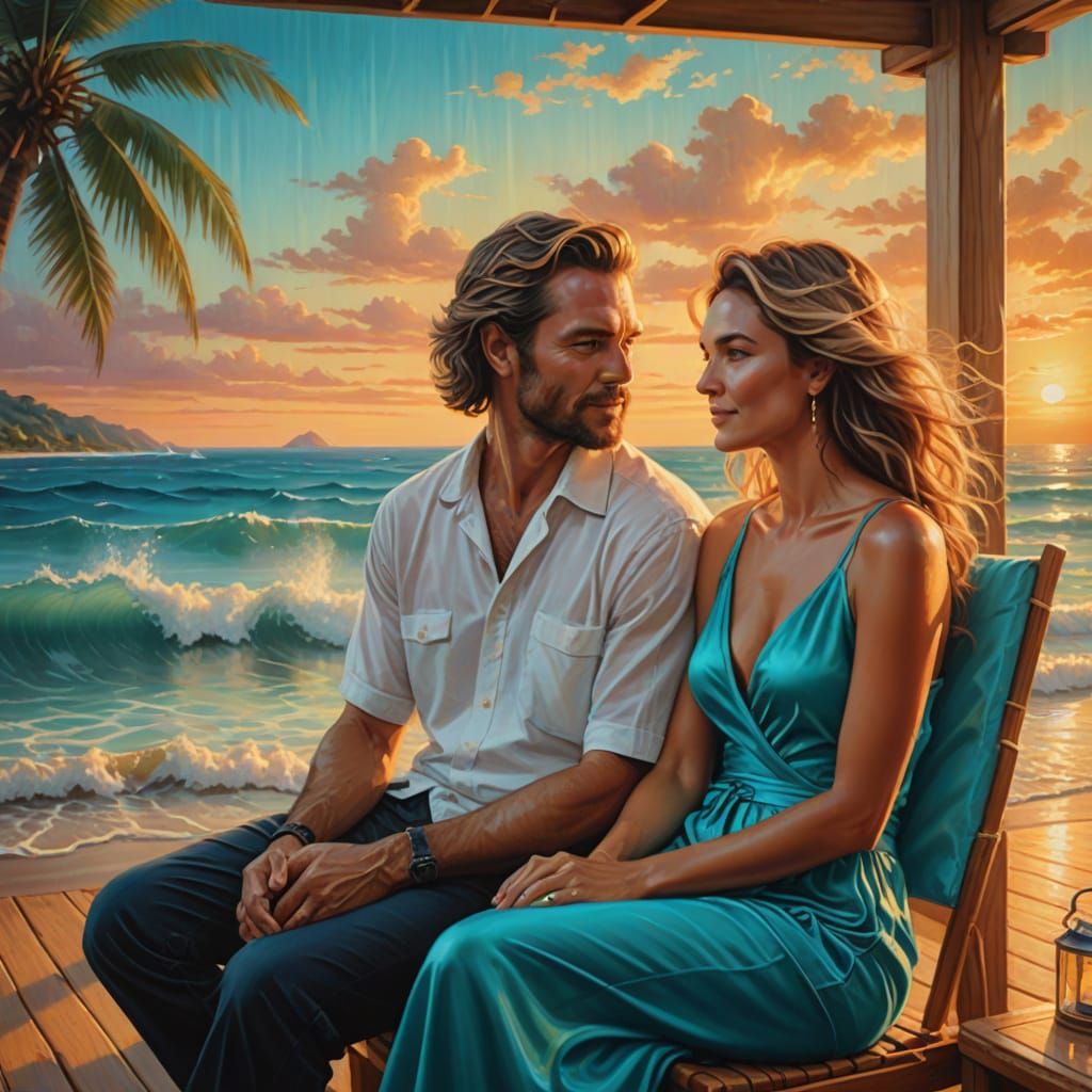 Romantic Overwater Cabana in Airbrush Oil Painting Style