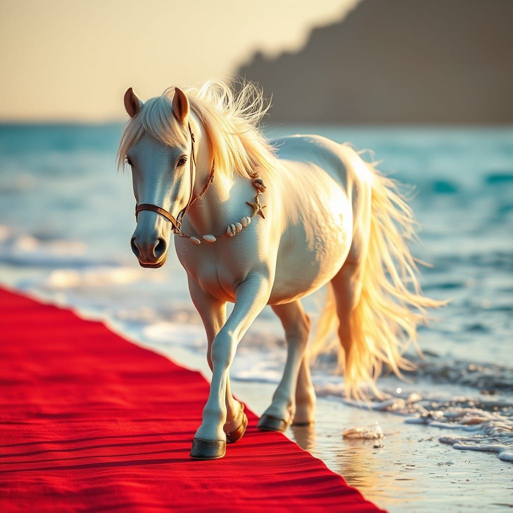 Snow-White Pony Walks on Red Carpet by Turquoise Sea
