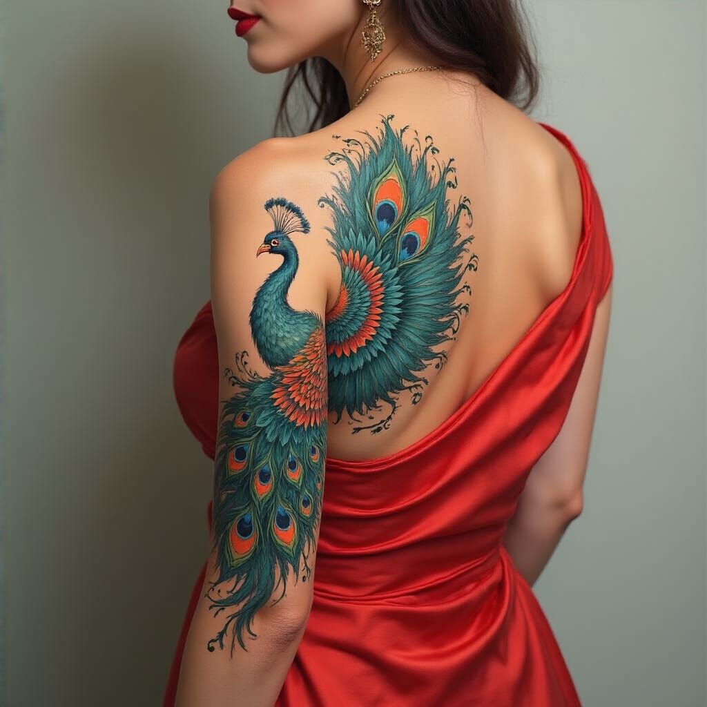 Artistic Woman with Vibrant Peacock Tattoo in Oil Painting S...