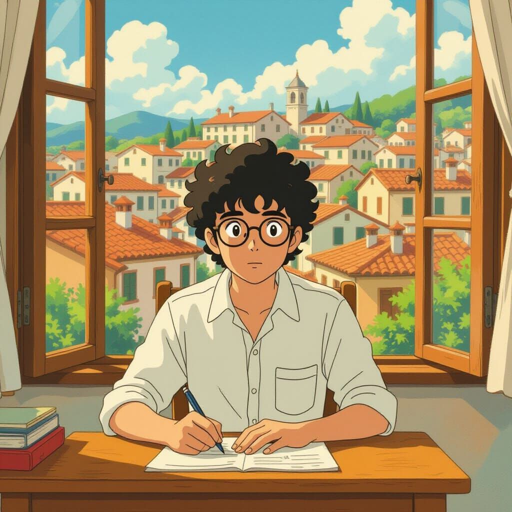 Italian Student in Ghibli-Style University Examination