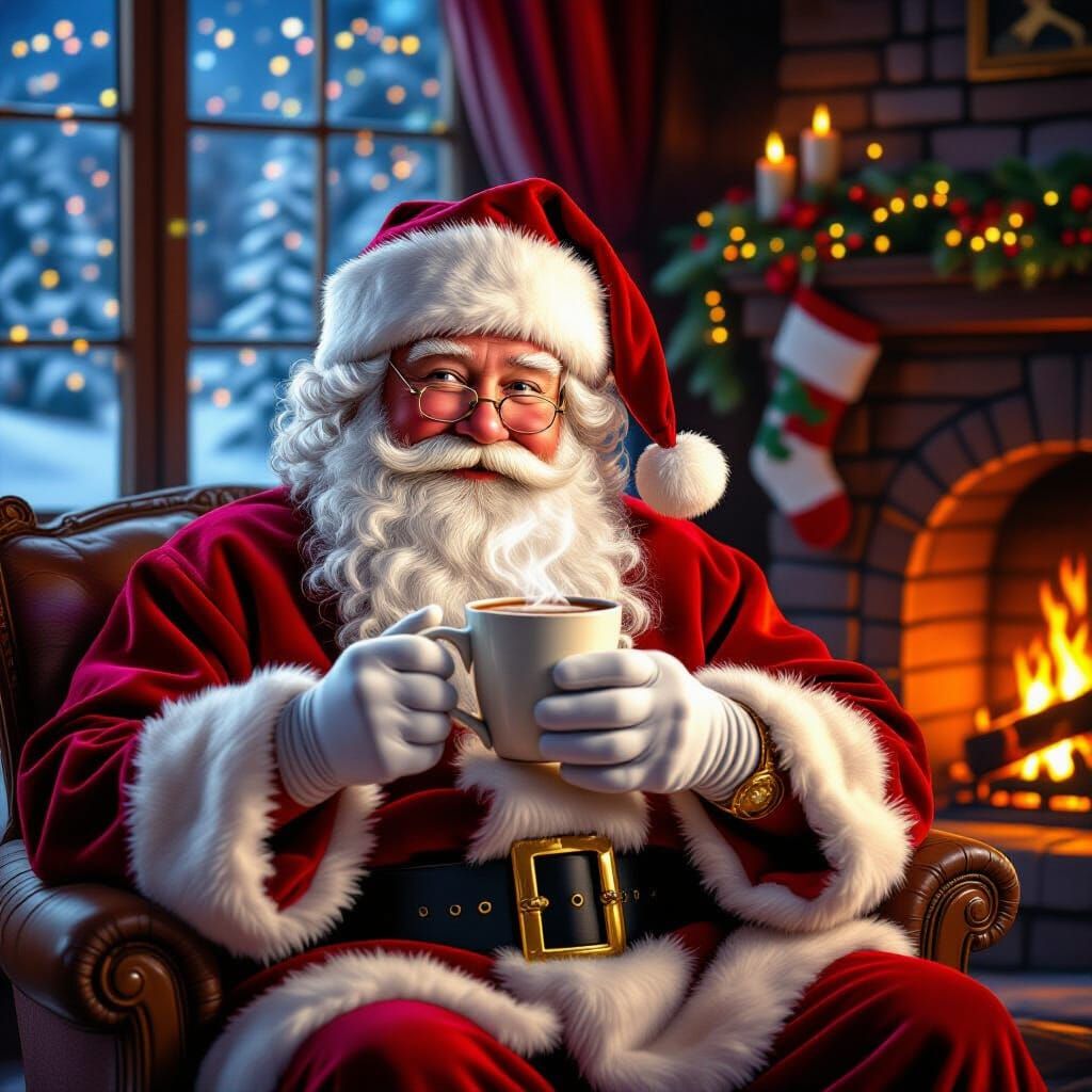 Santa Claus Relaxing by Fireplace in Cozy Home