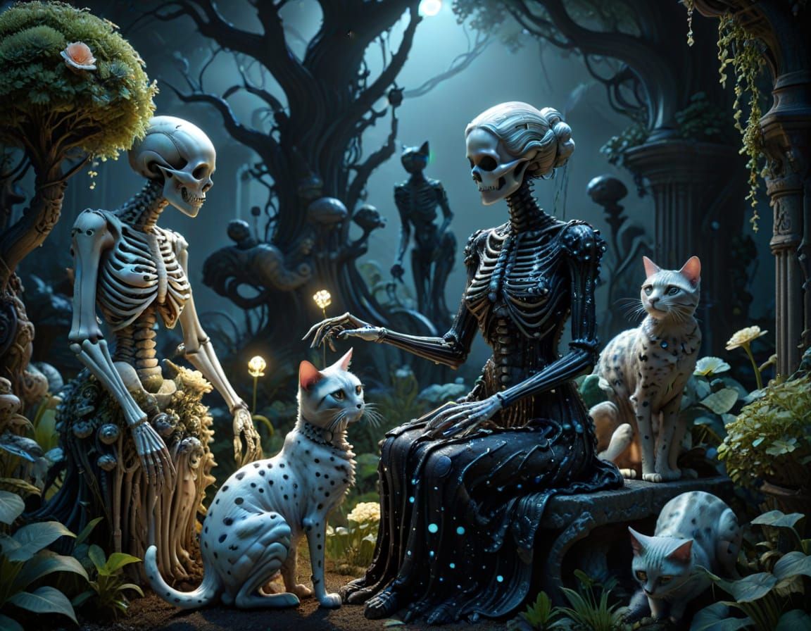Skeleton Woman in Bioluminescent Garden as Digital Matte Pai...