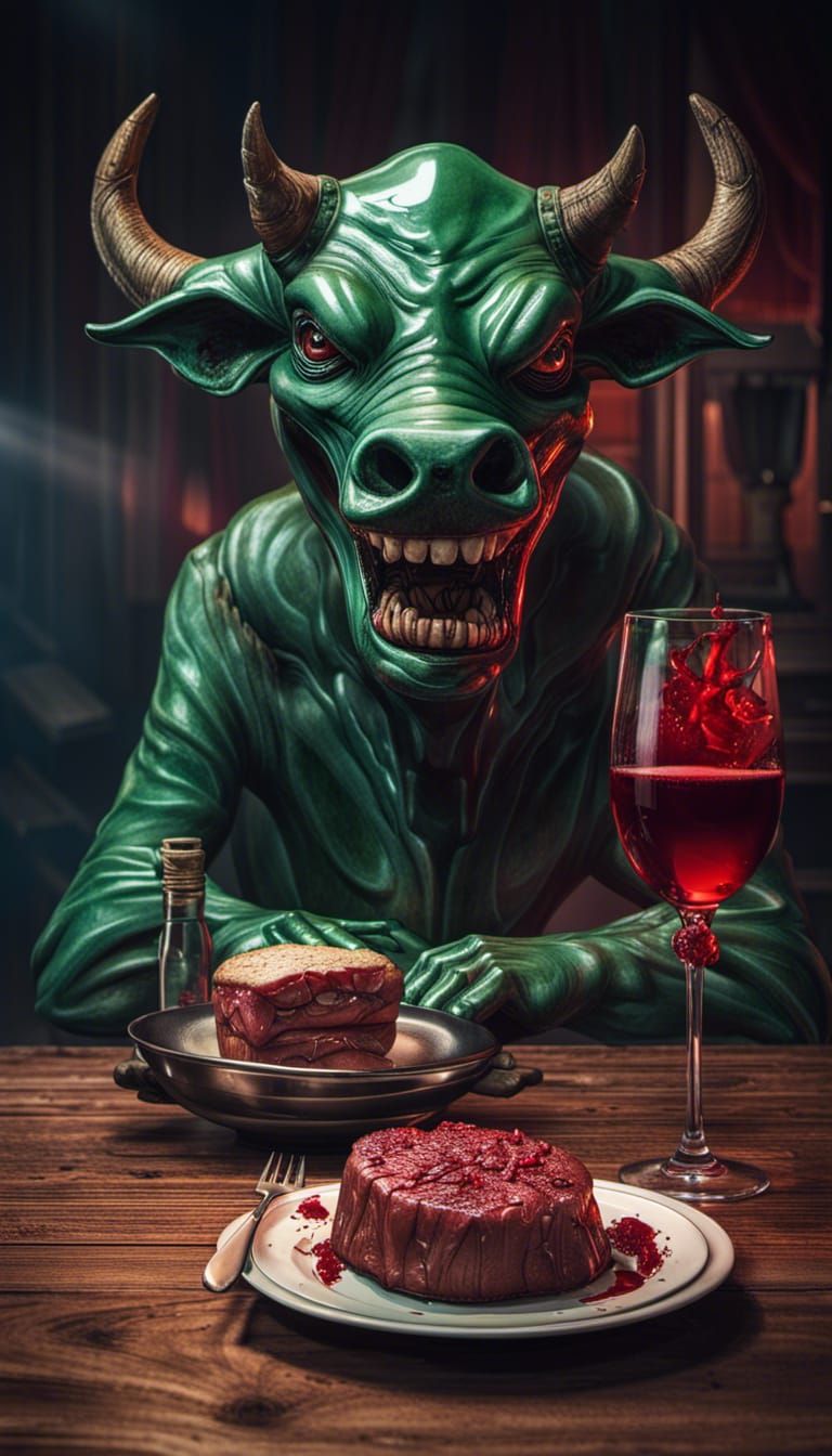 Sinister Alien Enjoying Dinner, Hyperrealistic Image