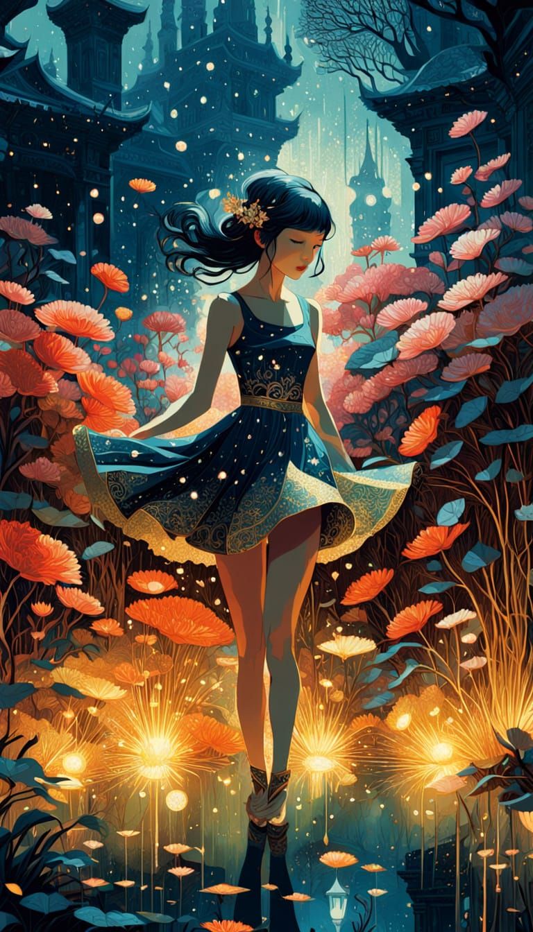 Glittering Midnight Garden with Intricate Details