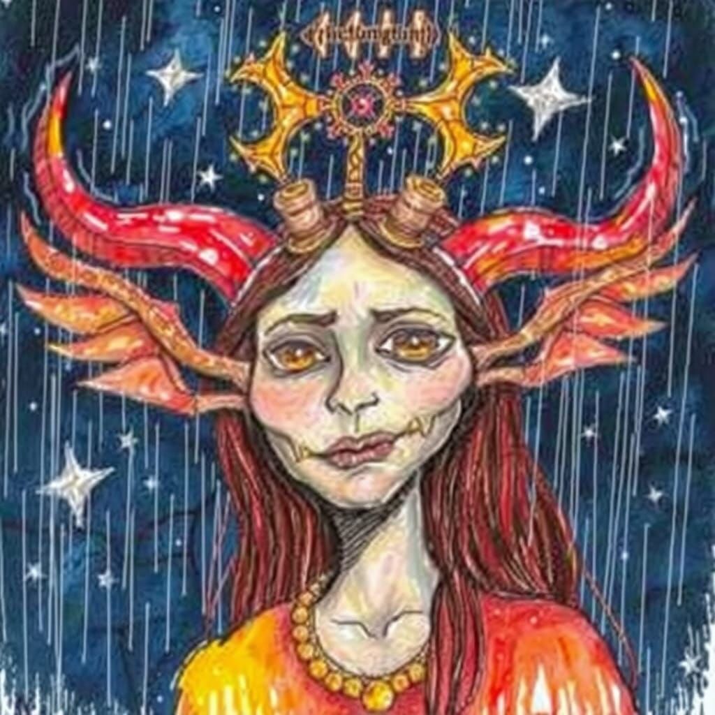 Pagan Goddess with Antlers in Crayon-Drawn Style