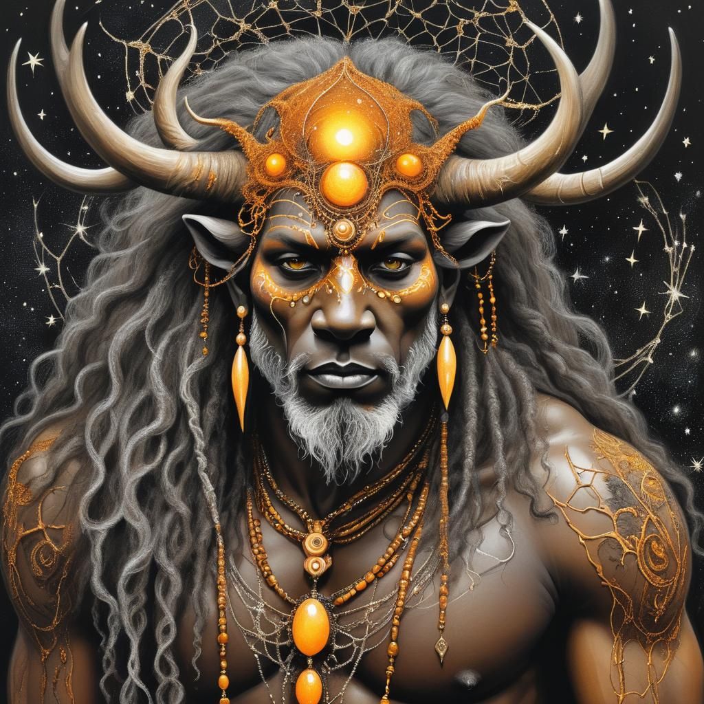 Detailed Bison Shaman Charcoal Drawing in Surrealist Style