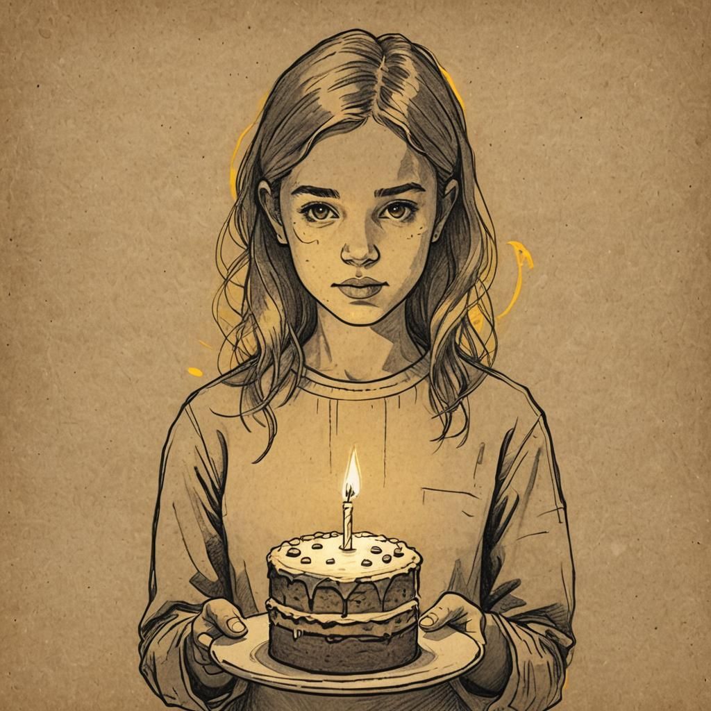 Minimalist Sketch of Girl with Candle Cake
