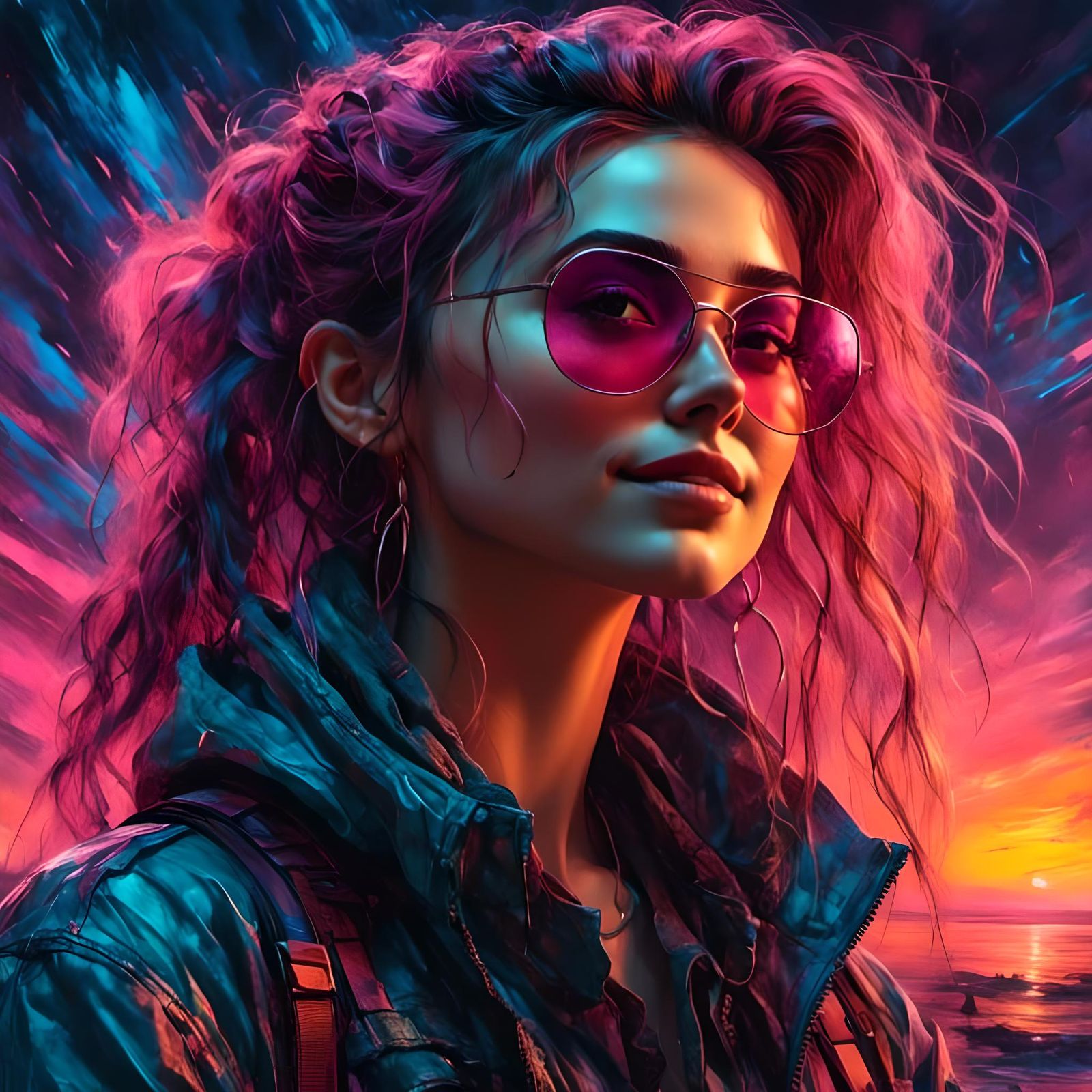 Synthwave Girl with Expressive Eyes and Flowy Hair
