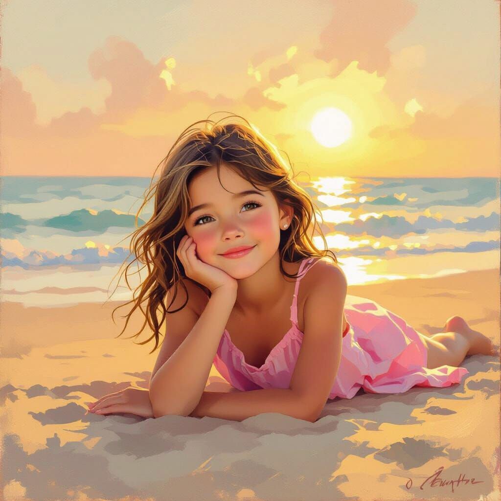 Cute Teen Girl on Beach in Golden Sunset Light