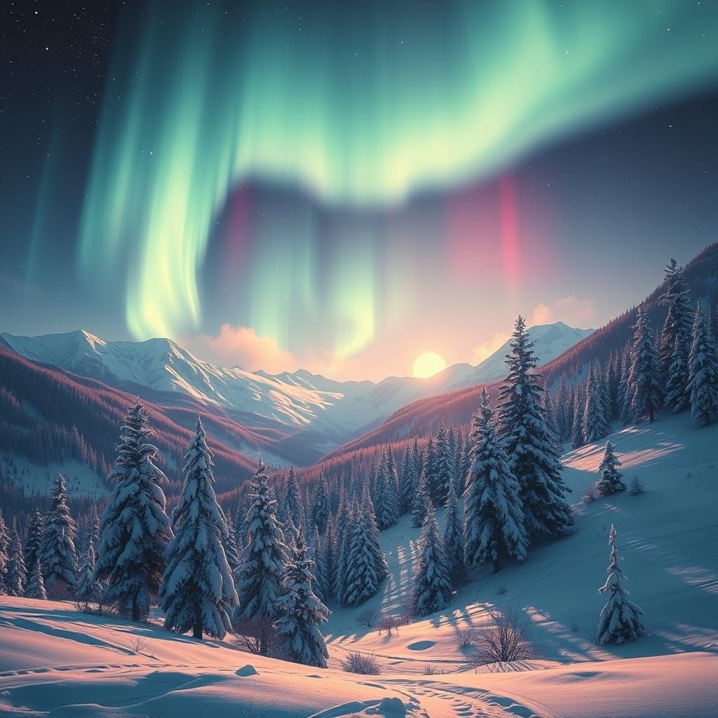 Winter Landscape with Northern Lights, Digital Matte Paintin...