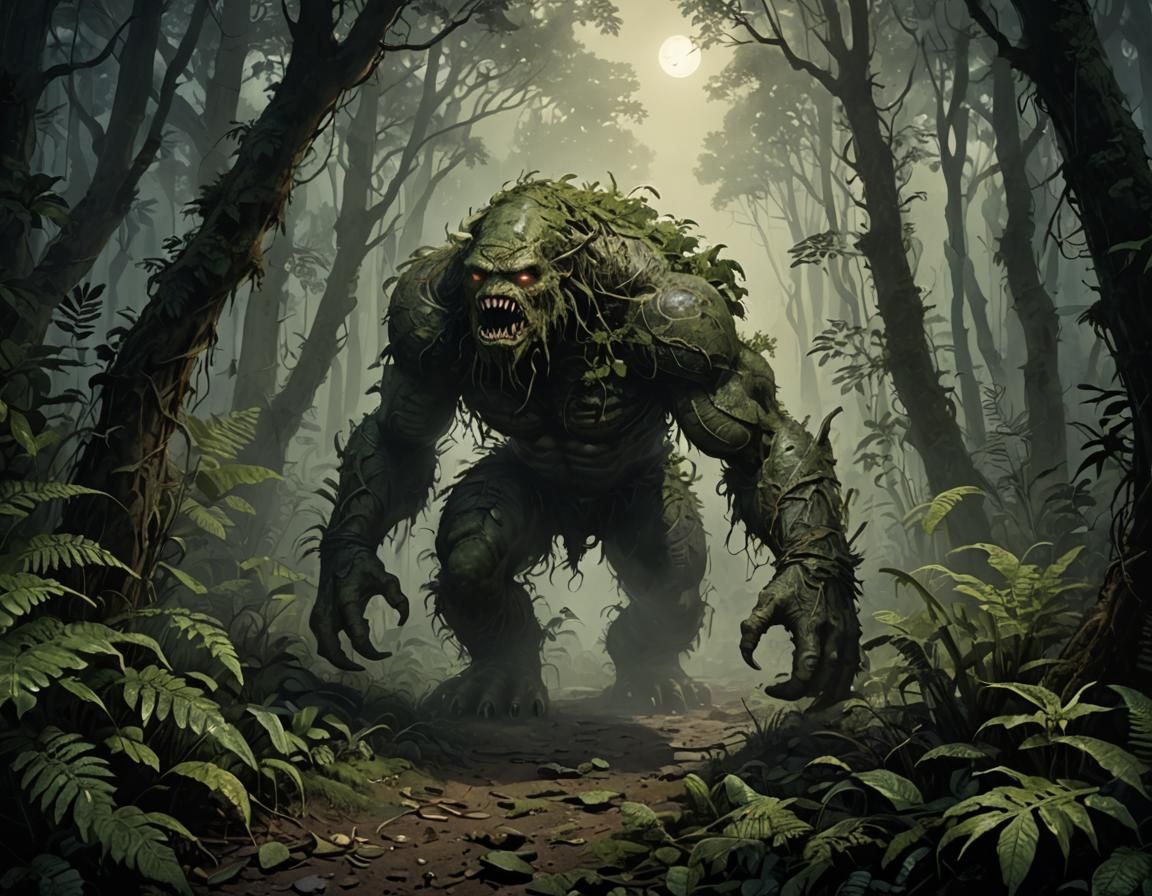 Traveler in Misty Forest Encountering a Monster