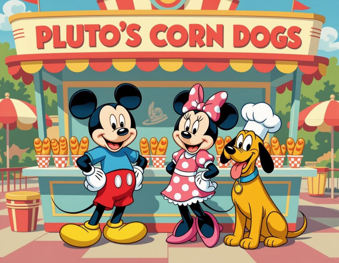 Mickey, Minnie, and Pluto at a Theme Park Stand
