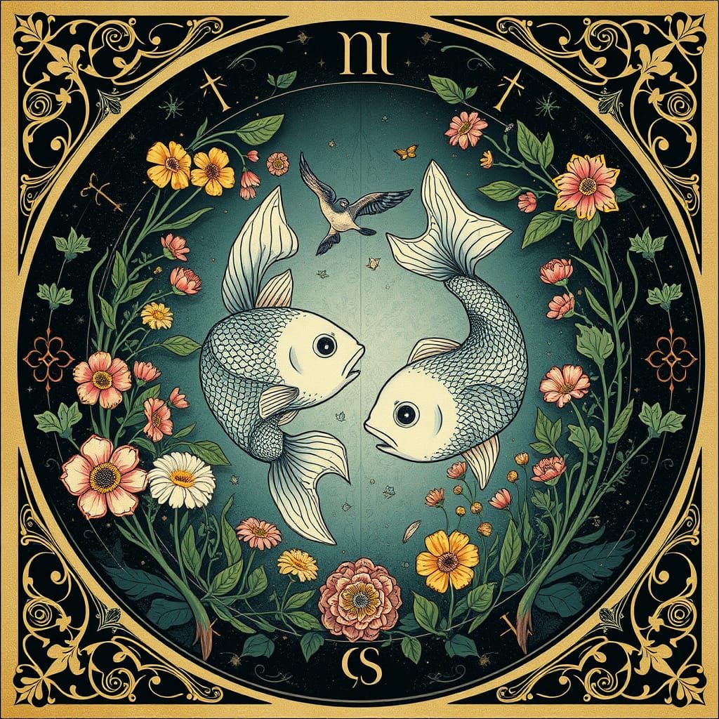 Surreal Zodiac Scene with Lush Botanicals and Intricate Patt...