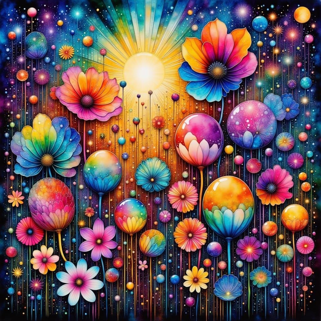 Vibrant Cosmic Flower Explosion in Mixed Media