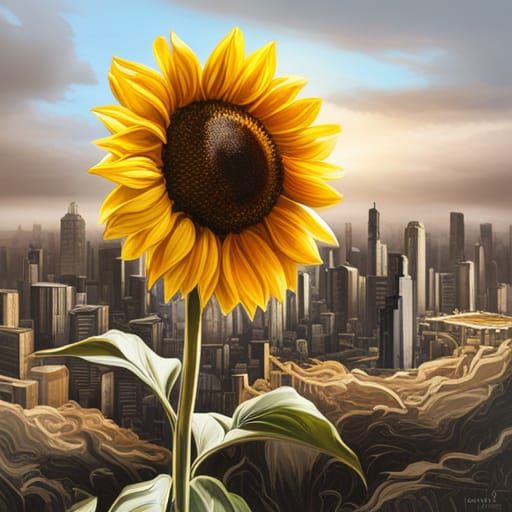 A sunflower growing in a post-apocalyptic world